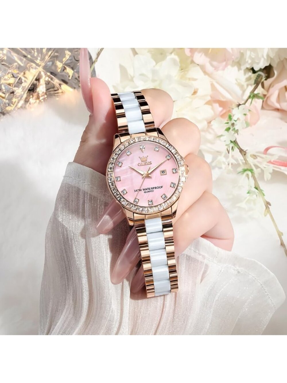 Women's Gold/Pink Ceramic and Stainless Steel Bracelet Mother of Pearl Watches - Picture 3 of 6
